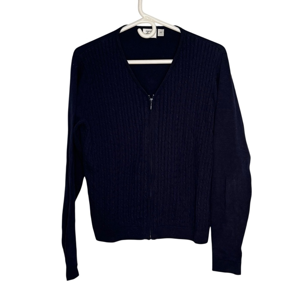 Women’s Tail Size Med Blue Pima Cotton/Viscose Zip Up V-Neck Cable Knit Sweater